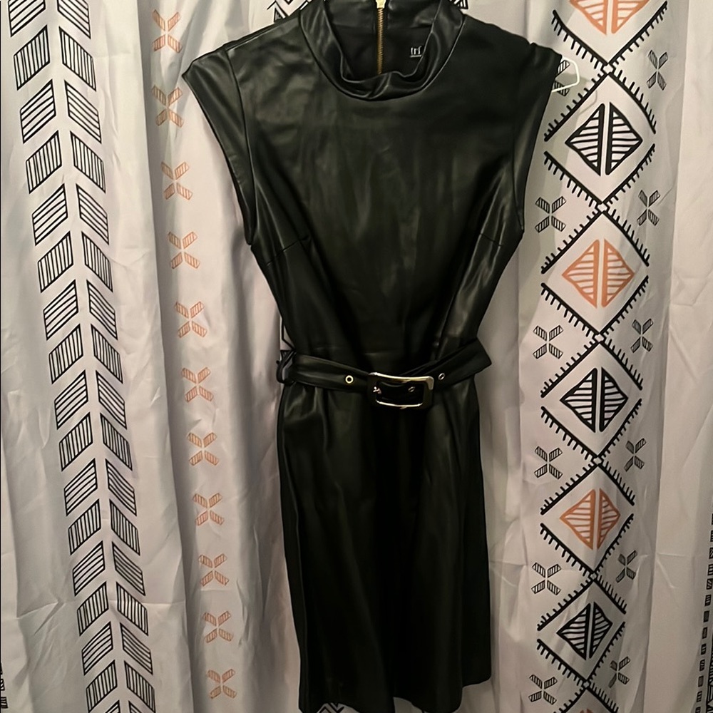 Zara Trf Black Sheath Midi leather Dress Mock Neck Cap Sleeve